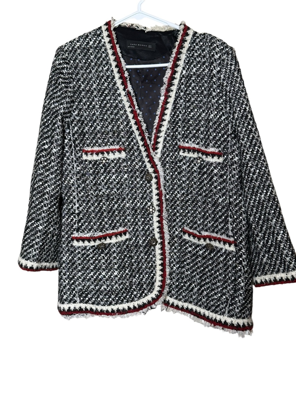 Zara Woman Black White Tweed Jacket with Red Trim 4 Pockets Size  XL